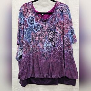 Catherines Top Blouse Women’s Purple Paisley Geometric Dolman Sleeve Size 2X